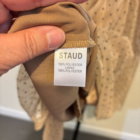 Staud Meadow Puff Sleeve Tan Black Polka Dot V Neck Tiered Dress - Picture 13 of 14